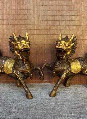 古玩收藏纯铜麒麟鎏金瑞兽一对摆件精工鎏金办公室桌案铜艺装摆设