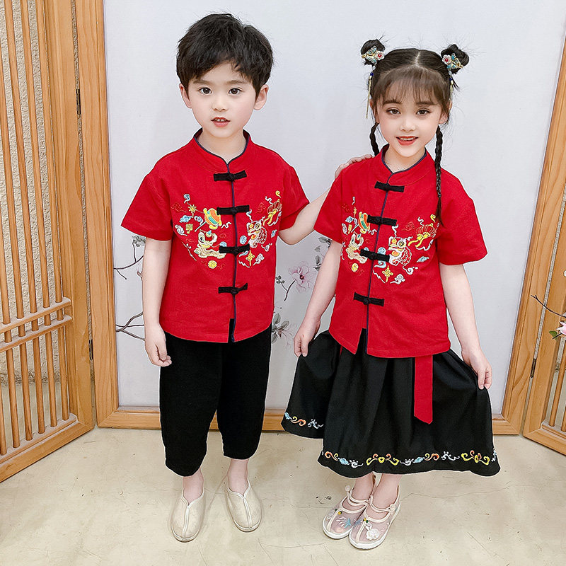 中国红儿童曹县汉服表演服套装夏装男女童演出服六一舞狮班服幼儿