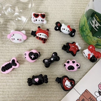 粉黑甜酷kitty凯蒂猫可爱复古黑红发夹卡通刘海夹迷你小夹子摆摊