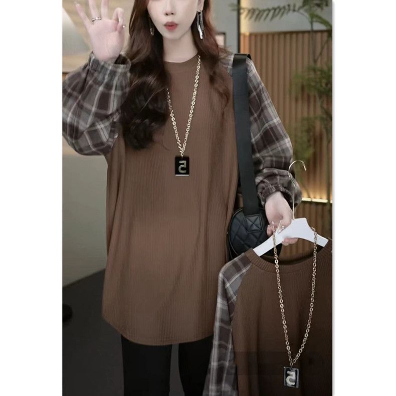 格子袖拼接上衣秋季新款宽松显瘦大版洋气中长款圆领套头卫衣女装