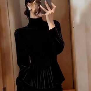 轻奢高级感丝绒衬衫女冬季半高领黑色打底衫正肩收腰灯笼长袖上衣