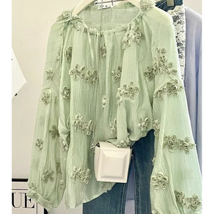 衬衫 复古绿色蕾丝拼接长袖 女设计感小众别致上衣2026 法式 新款