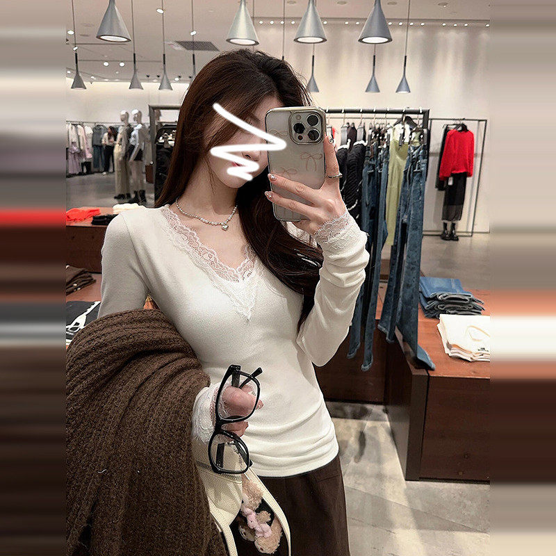 白色蕾丝拼接V领气质长袖T恤女春季2026爆款收腰设计百搭纯欲上衣,女装/女士精品,T恤,淘宝优惠券,粉丝福利购,淘宝优惠卷