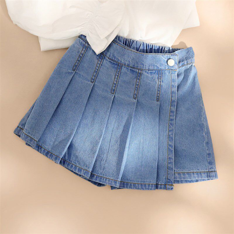 小虎帕蒂女童百褶牛仔裤裙半身裙中大童夏季纯棉牛仔短裤柔软百搭