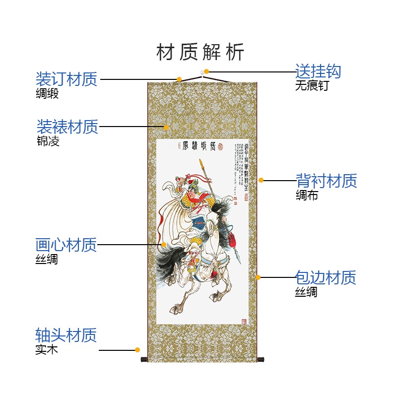 三国五虎上将丝绸挂画关羽张飞黄忠马超赵云玄关装饰画人物卷轴画
