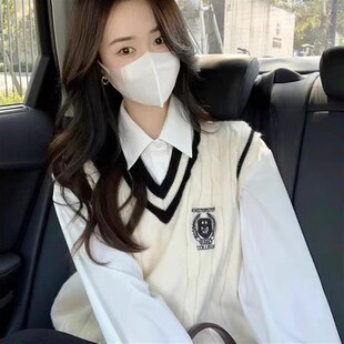 衬衫配马甲针织背心小个子叠穿学院风套装白色2024新款秋冬上衣女