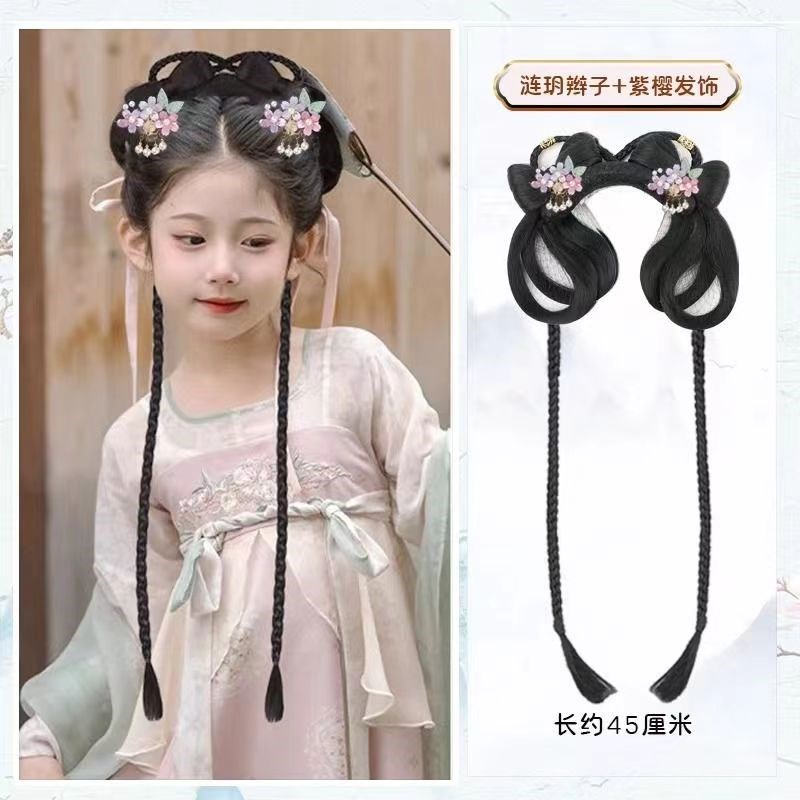 儿童汉服假发包一体式懒人发箍全头套古装造型女童盘发包古风发饰