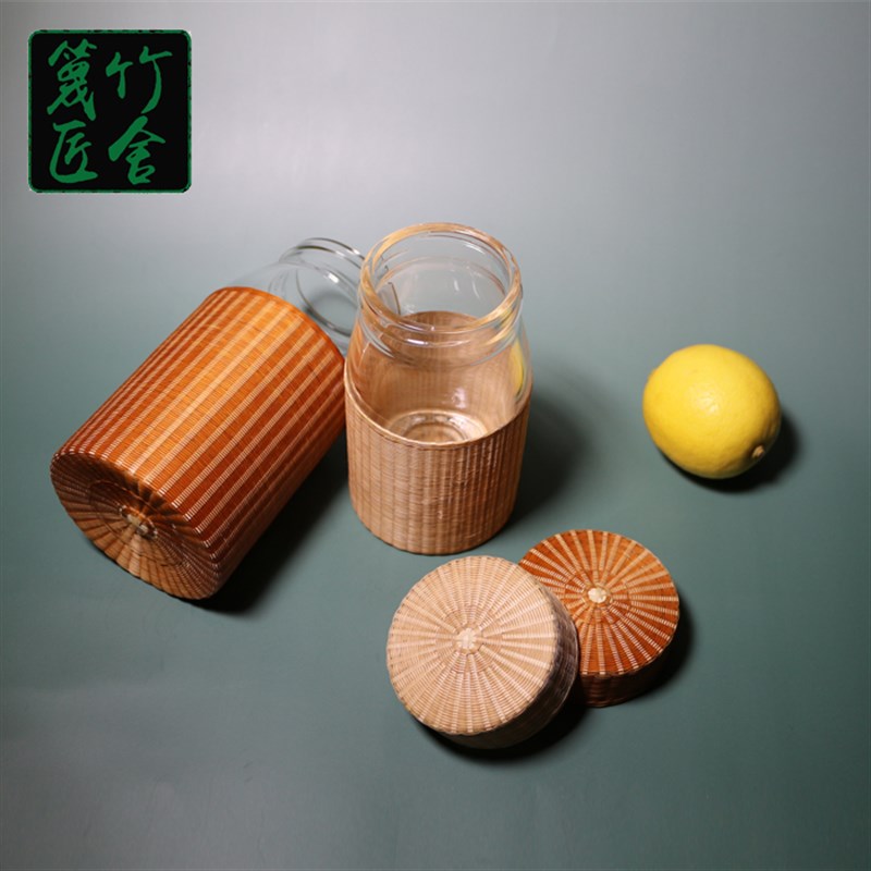 四川瓷胎竹编玻璃杯水杯带盖随手杯茶杯特色手工艺竹丝扣瓷玻璃杯