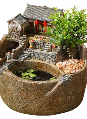 创意流水摆件循环水玄关永动露台造景鱼缸禅意造景茶几装饰品复古