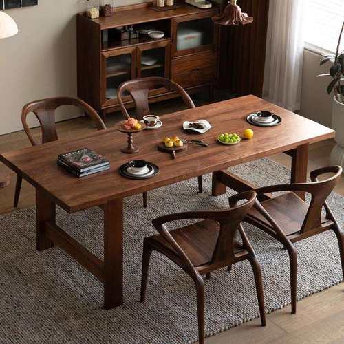 全实木原木餐桌4厘米厚度桌面大板桌黑胡桃木饭桌现代简约会议桌