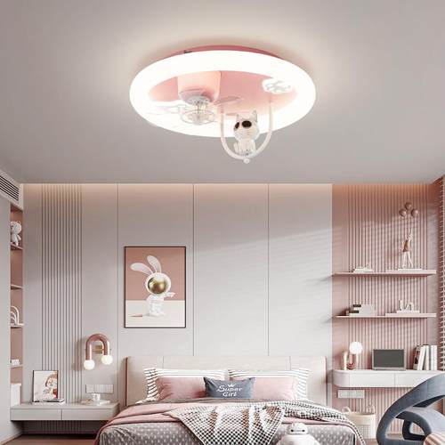 儿童房灯带风扇公主女孩全光谱护眼小猫咪360摇头卧室电扇吸顶灯