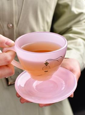 u007F鸿运连连咖啡杯碟高档琉璃粉色花茶杯年年有余绿色白色品茗