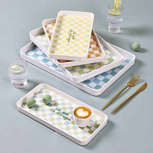 棋盘格托盘茶盘轻奢甜品盘子高颜值密胺长方形ins 风家用桌面收纳
