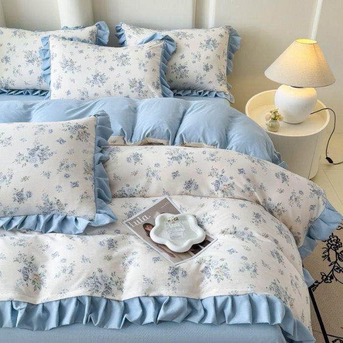 A类韩双纱层针织棉床单版四件套件超柔水洗NMH棉小清新花边被套三