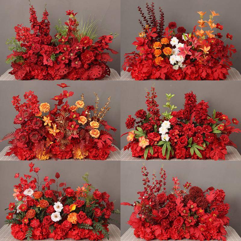 婚式庆地排花红色花排中婚礼SYQ台仿真绢花舞装T台饰路引花成品花