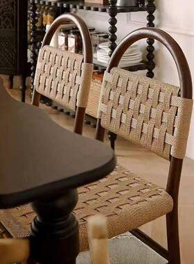 法式中古薇椅薇安餐椅绳编实木用古子复客厅家编adf45441织靠背休
