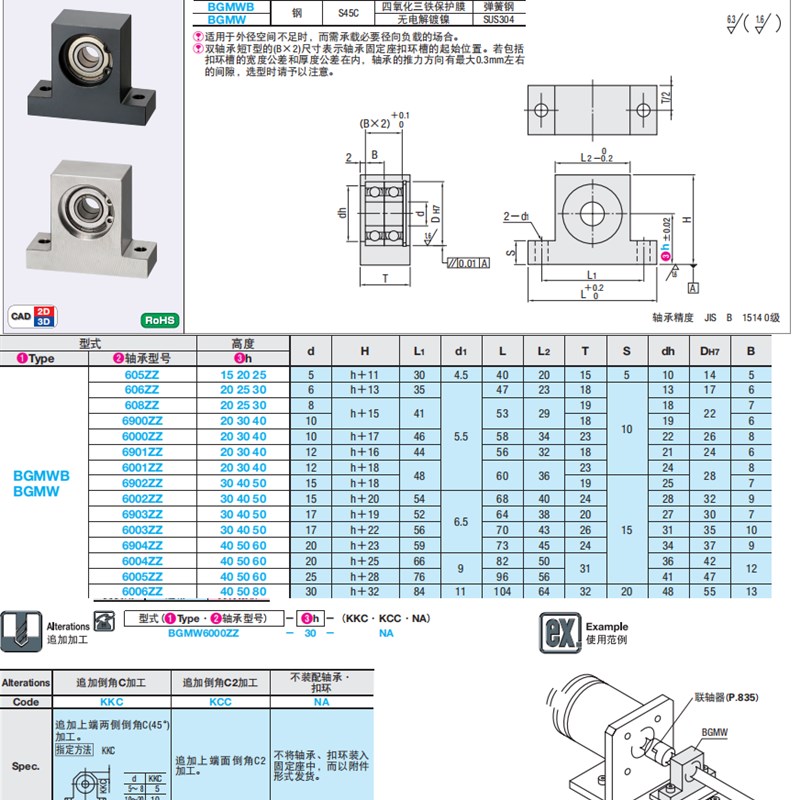 T型双轴承座组件 BGMW BGMWB 6006ZZ 6005ZZ 60M04 ZZ-80 60 50 4