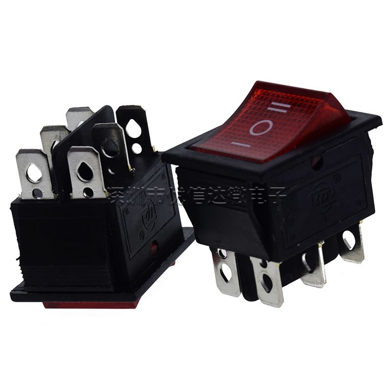 船型开关KCD4船形开关翘板电源按钮6脚3档红灯31x25mm16A250V