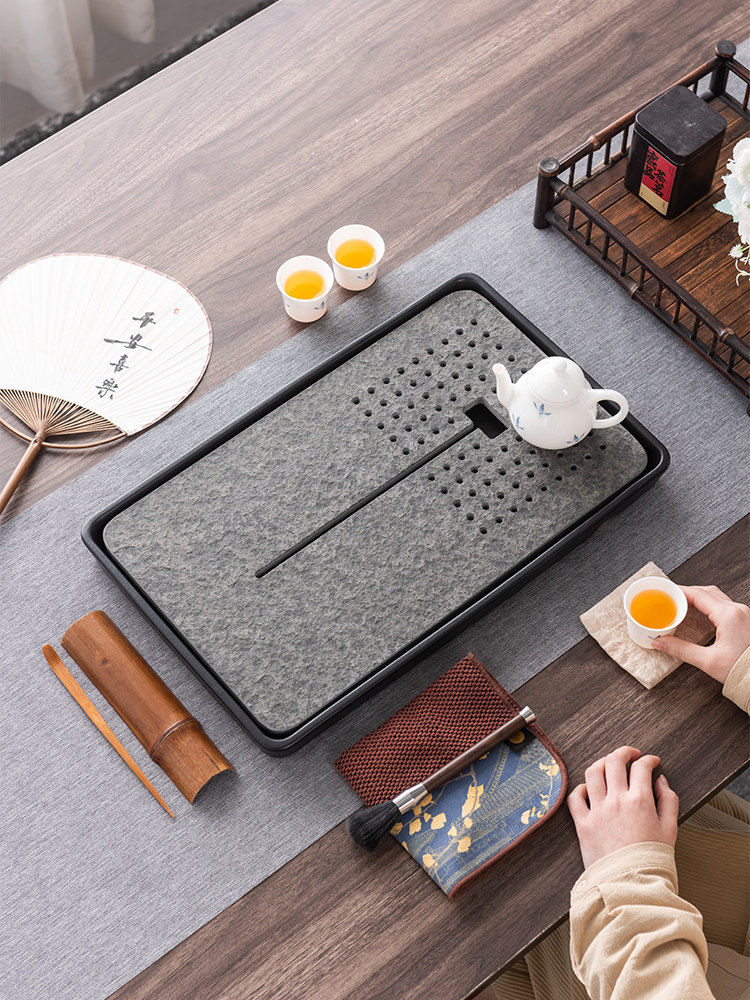 茶盘家用黑金石板简易陶瓷储水两用功夫茶套装小石排水盘