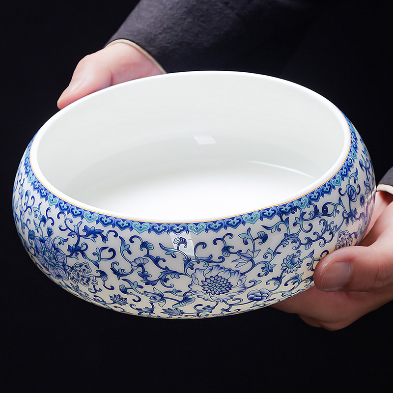 羊脂玉白瓷青花缠枝莲茶洗家用大号茶缸水盂茶渣缸桌面泡茶盂茶道