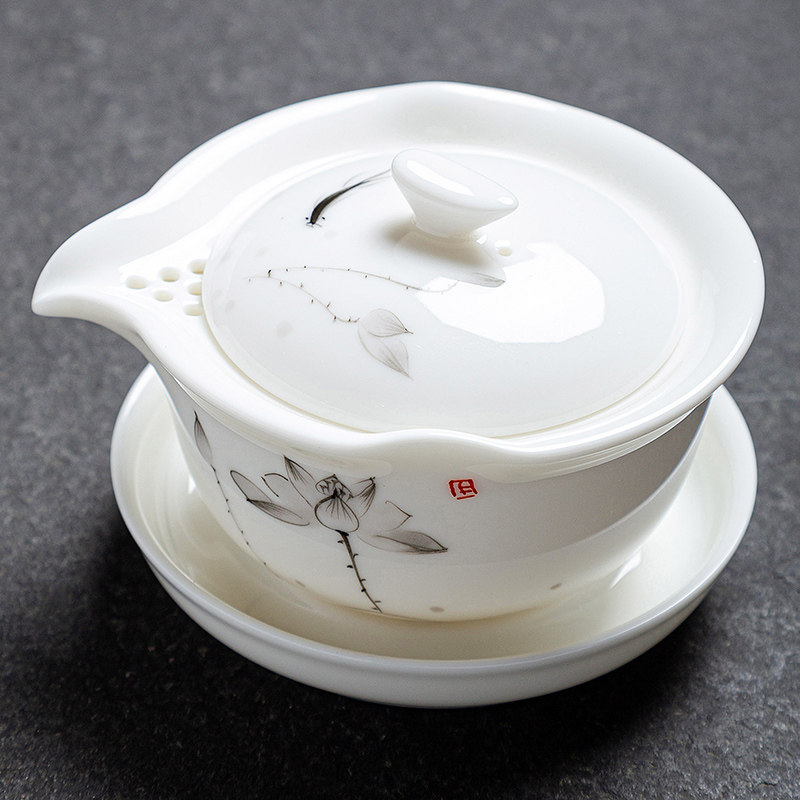 手绘盖碗手抓壶茶杯高档大号防烫家用功夫茶具羊脂玉瓷白瓷泡茶碗
