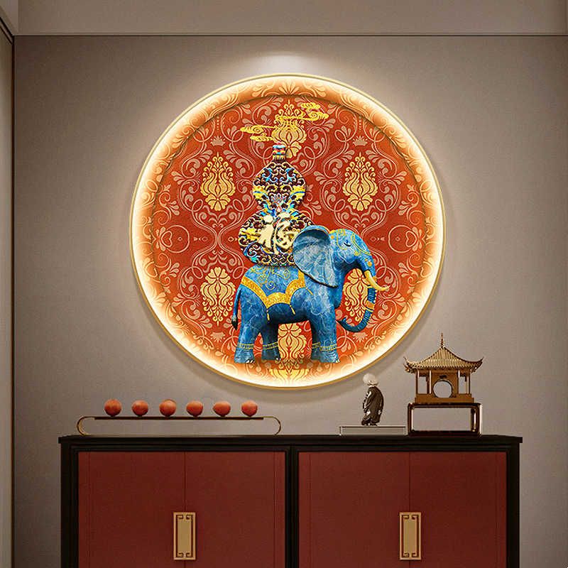大象正对门玄关柜装饰画新中式葫芦走廊圆形壁画灯入户背景墙挂画图片