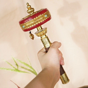 王师兄亚青黄铜红皮手摇转轮家用摆件随身转筒银色大号西藏式转桶