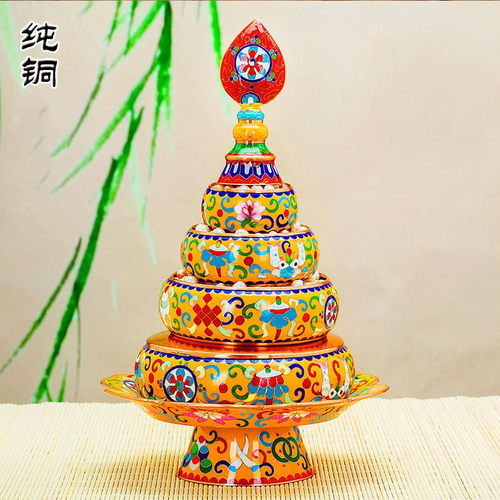 藏式景泰蓝曼扎盘纯铜供