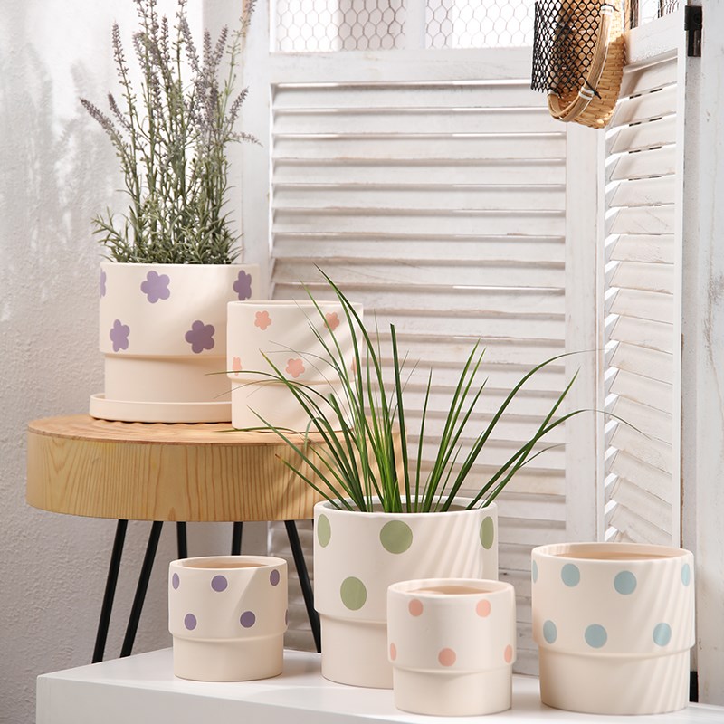 彩色印刻圆形陶土胚素烧花盆吸水透气瓷器带托盘盆景育苗植物花卉