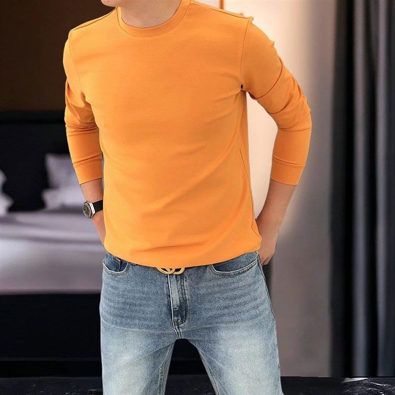 2023新款重磅太空丝光纯棉长袖T恤男卫衣无帽打底衫春秋外穿内搭