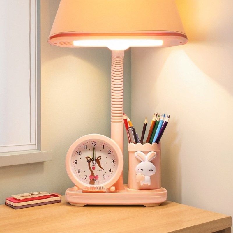 儿童台灯学习专用护眼床头灯插电台灯时钟笔筒一体大面积光源台灯