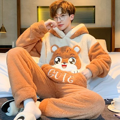 睡衣男士长袖连帽冬季珊瑚绒加肥加大码加厚卡通男生法兰绒家居服