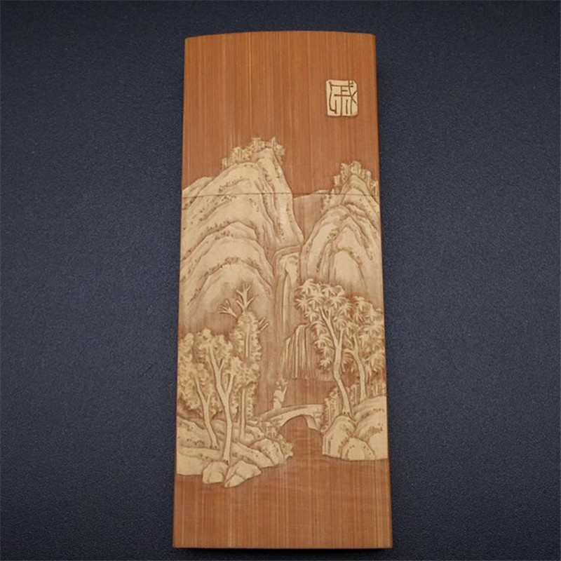 雕刻纹绣针刺彩微雕实心竹手把件文玩玉竹留青牌子非烫画收藏挂件