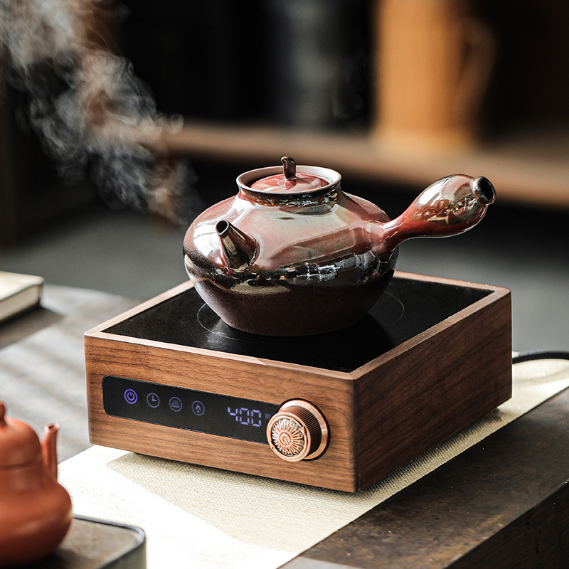 新款胡桃木煮茶器耐高温功夫玻璃提梁烧水茶壶蒸茶具黑晶炉套装