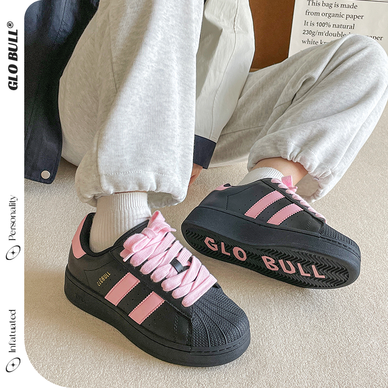 GLO BULL原创正品休闲板鞋2025春秋百搭情侣厚底黑粉色贝壳头女鞋