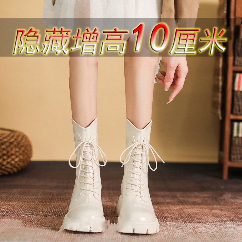 矮子乐马丁靴女10cm内增高全牛真皮厚底休闲系带小个子加绒保暖冬