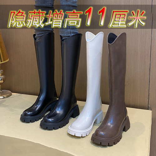 矮子乐长筒靴女11cm新款内增高全牛真皮厚底休闲V口不过膝骑士潮