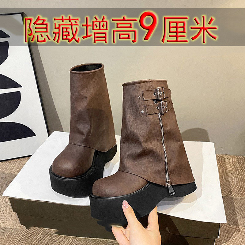 芭嫦葆真皮大头裤管靴