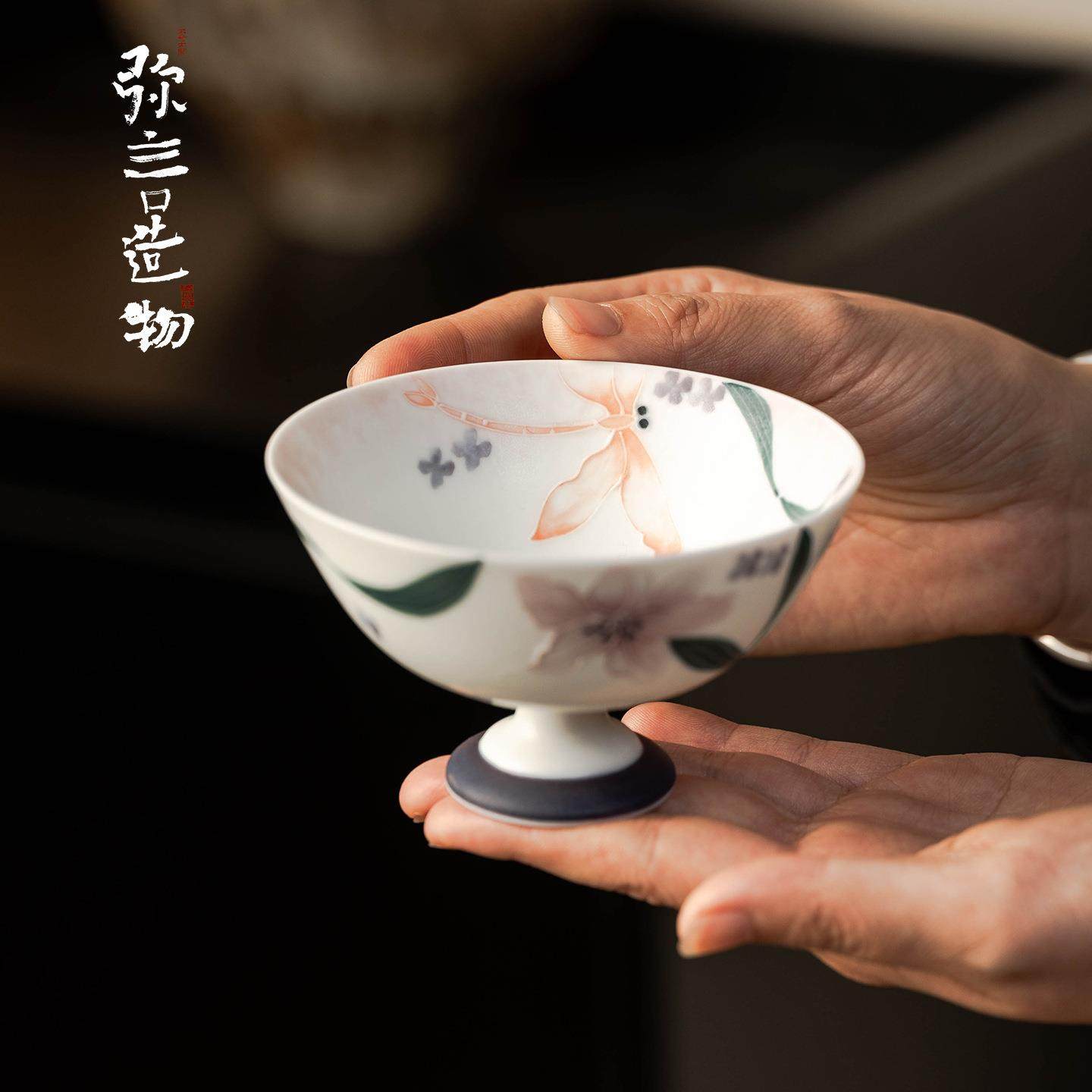 浔东束刻家用大号陶瓷主人杯手绘蜻蜓百合宽口茶杯高脚杯家用单杯,餐饮具,功夫茶具,淘宝优惠券,粉丝福利购,淘宝优惠卷
