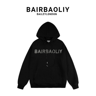 BAIRBAOLIY秋冬高端品牌字母烫钻时尚男女同款加绒百搭连帽卫衣