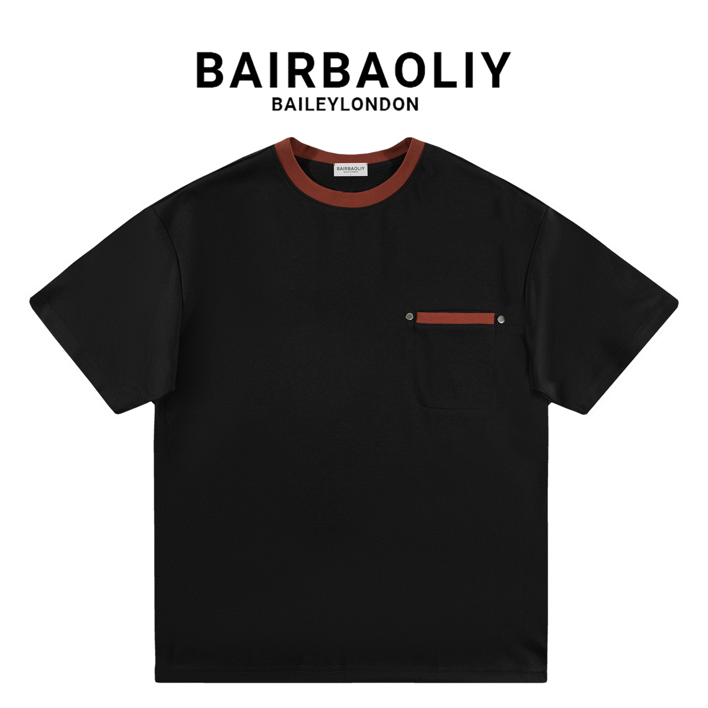 BAIRBAOLIY美式老钱风高级感撞色设计拼接口袋宽松圆领短袖T恤男