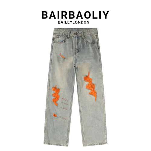 BAIRBAOLIY潮牌男士美式复古薄款撞色破洞直筒时尚休闲百搭牛仔裤