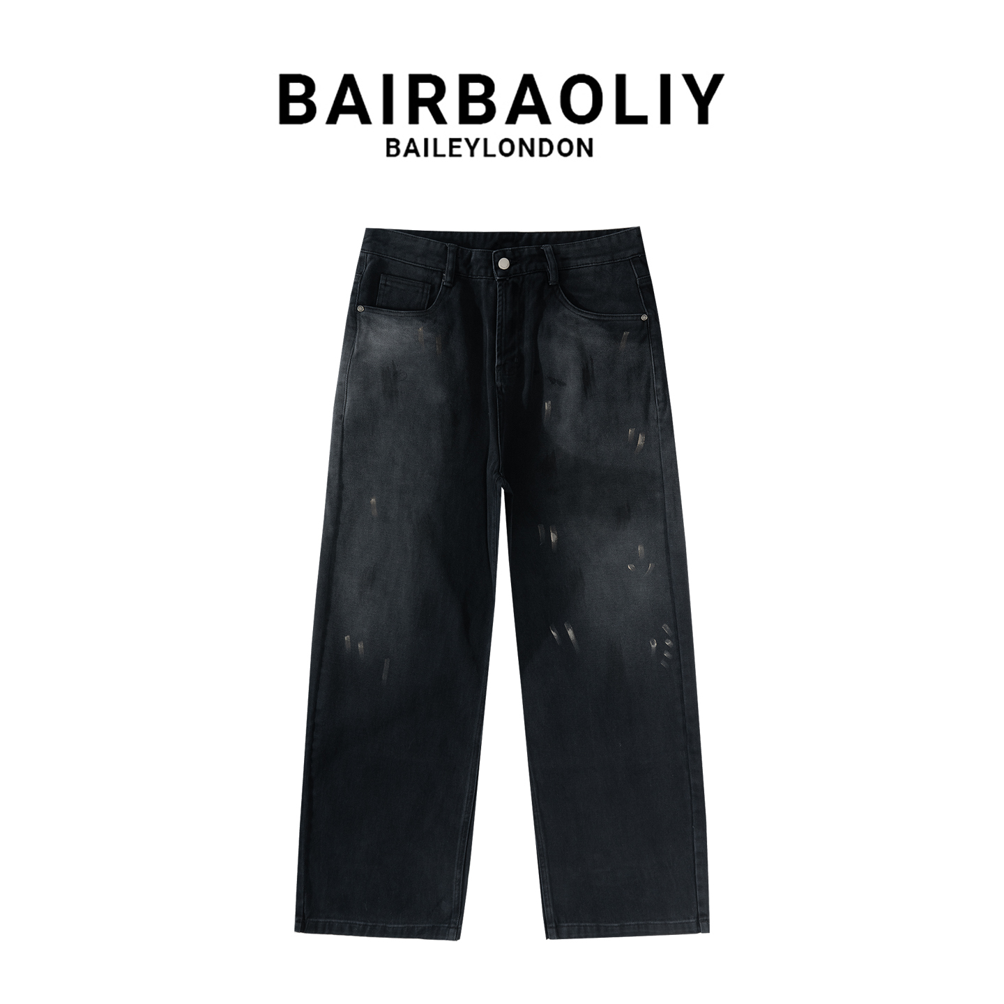 BAIRBAOLIY美式潮牌泼墨痞帅宽松直筒牛仔裤柔软纯棉设计感长裤男
