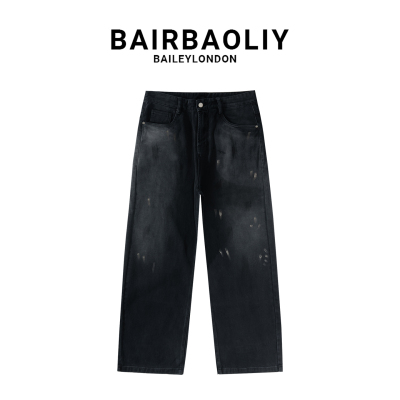 BAIRBAOLIY美式潮牌泼墨痞帅宽松直筒牛仔裤柔软纯棉设计感长裤男