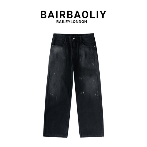 BAIRBAOLIY美式潮牌泼墨痞帅宽松直筒牛仔裤柔软纯棉设计感长裤男