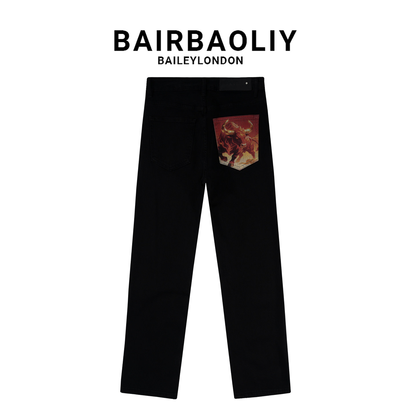 BAIRBAOLIY黑色印花直筒牛仔裤
