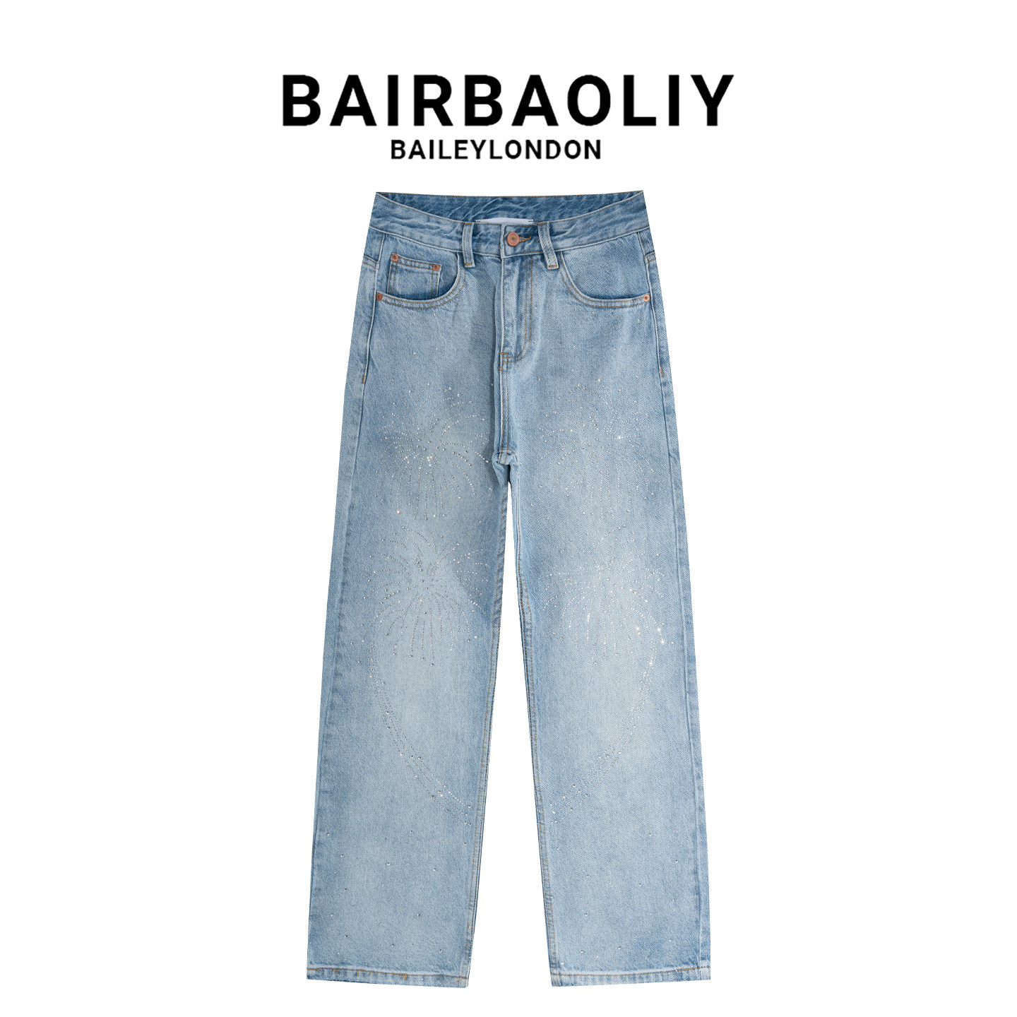 BAIRBAOLIY重工烫钻氛围感直筒牛仔裤浅蓝设计感宽松潮流长裤男装