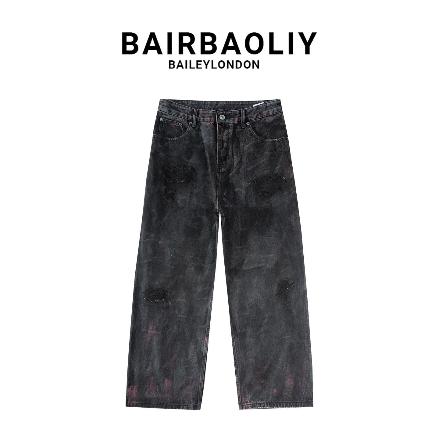 BAIRBAOLIY秋冬新款做旧破洞黑灰色街头痞帅直筒擦脏男士牛仔长裤