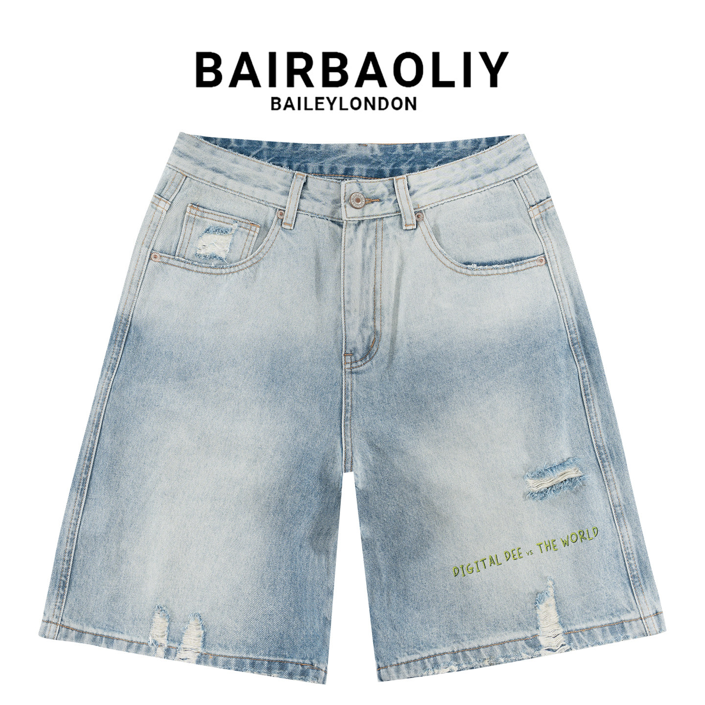BAIRBAOLIY复古浅蓝做旧破洞牛仔短裤男装字母印花宽松直筒五分裤