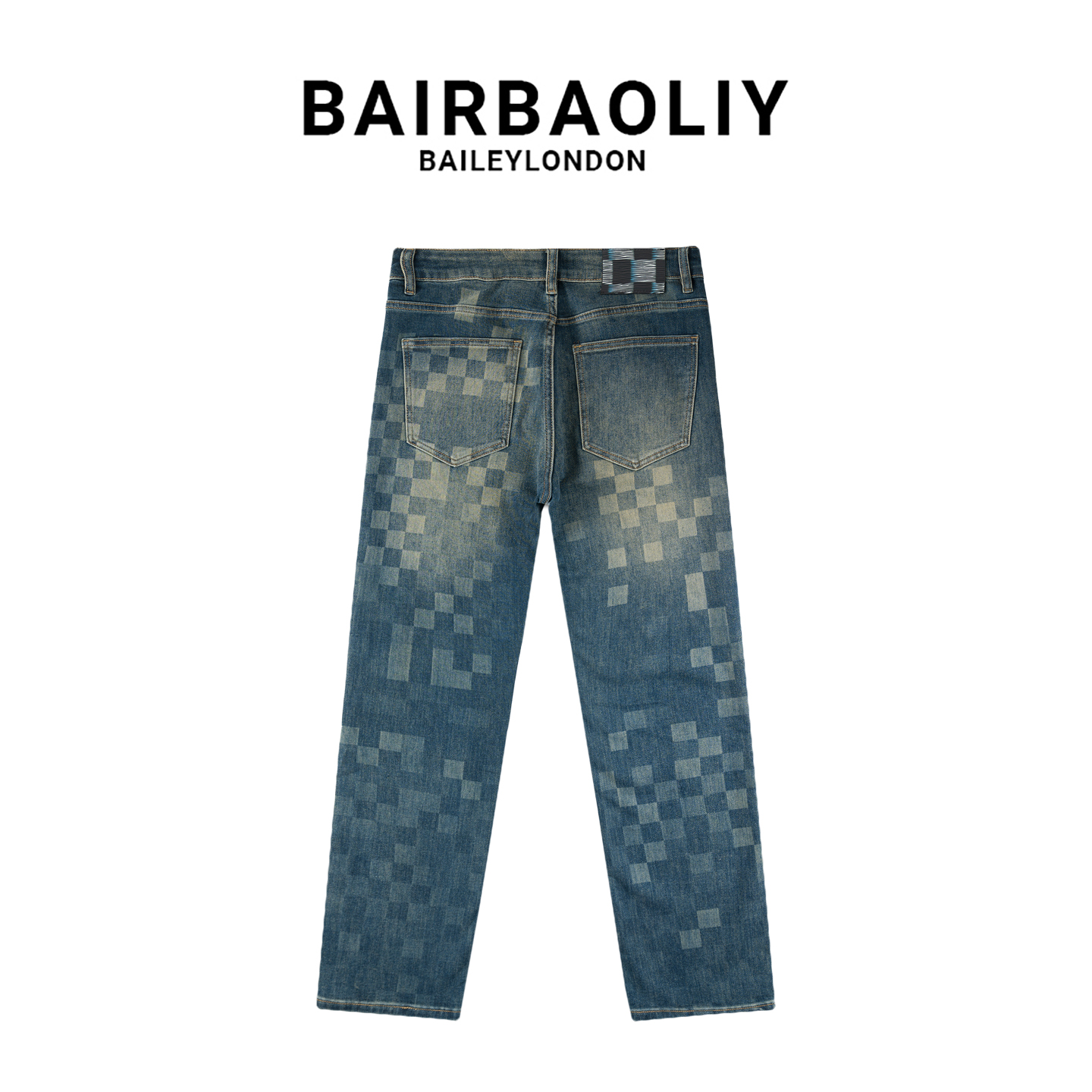 BAIRBAOLIY轻奢设计款马赛克棋盘格YKK拉链牛仔裤男美式直筒长裤